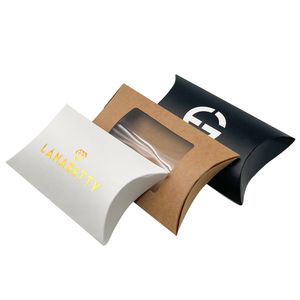 Custom gift cardboard box kraft paper pillow box packaging with clear window