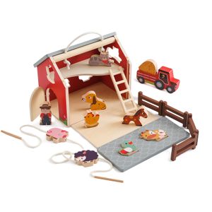 2024 Popular Pick Montessori Wooden Toddler Toy Multifunctional Farm Set Shape Building Threading Fun House Play.