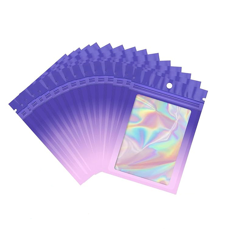 Xiamen Osloo Tech Co., Ltd. Holographic Gradient Color Aluminum Foil Zip Lock Resealable Mylar Bags With Clear Window Sample Jewelry Baggies