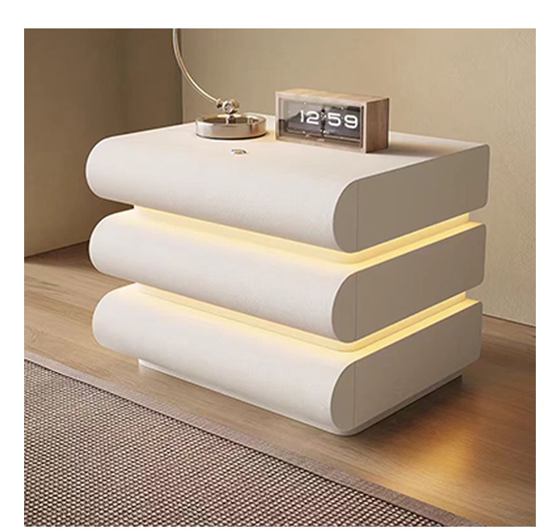 Ganzhou Mingwuju Furniture Co., Ltd The new leather bedside table simple modern solid wood bed side storage cabinet bedroom minimalist home nightstand with light
