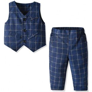 Fashionable Autumn Young Boys Plaid Gentleman Vest Comfortable and Breathable Clothing Woven Pants Suits Kids Clothing Sets