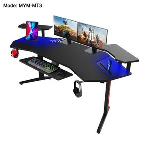 Battleship Gaming Desk Gamer Workstation, Home Computer Carbon Fiber Surface Gaming Desk PC Table with Headphone