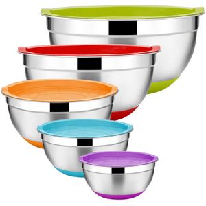 Custom Kitchen Cooking Baking Tool 5 Pcs Soup Colorful Non Slip Bottoms Silicone Lid Salad Stainless Steel Mixing Bowl Set