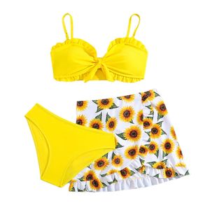 Kids 3 Pieces Swimsuit Bikini With Floral Printed Sheer Chiffon Wrap Beach Cover Ups