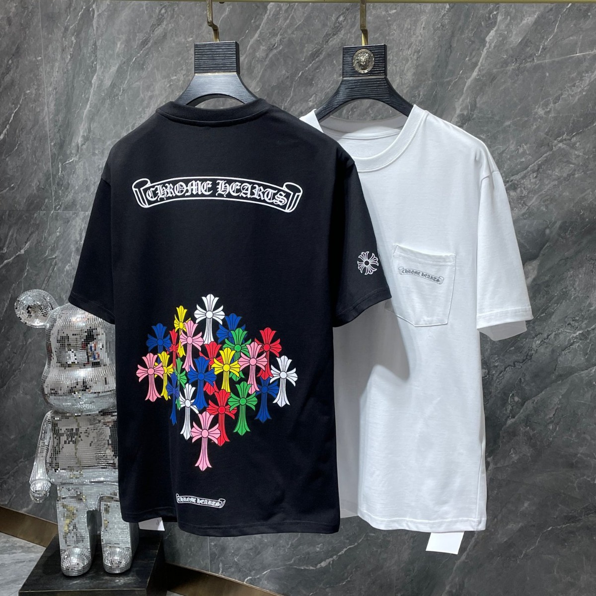 Wholesale Luxury hearts chrome classic large horseshoe cross flower Sanskrit short-sleeved T-shirt men and women Dropshipping