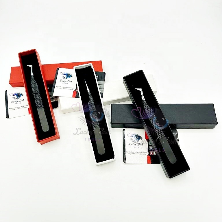 High Quality Stainless Steel Fiber Tip Tweezers Customized Label Eyelash Extension Tweezers in Black Silver Volume Tip Type