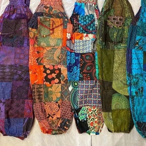 All-Season Patchwork Harem Pants with Elastic Decoration Baggy Summer Festival Clothes Women Men Wholesale Summer Pants Pockets