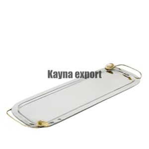 Stainless steel 304 mirror polished Tray with gold brass flower design handle Fancy decorative serving Metal tray