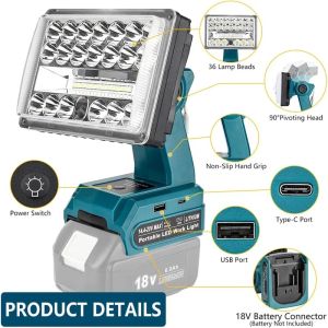 18W LED Work Light Flashlight Torch For Makita/Dewalt/Milw aukee/Bosch/Ryobi 18V Battery Portable Spotlight Handheld Tool Lamp