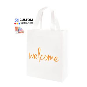 Custom Logo Non-Woven Guest Gift Bag Eco-Friendly Reuseable White Gold Welcome Bag For Wedding Birthday Party Clothing Shop