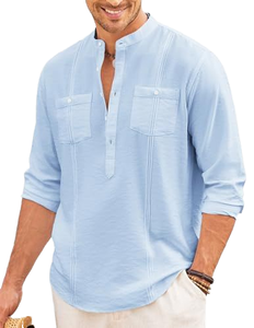 Men's Casual Linen T-Shirt Chinese Collar Long Sleeve with Capuch Solid Pattern Plus Size Beach Sport Clothing