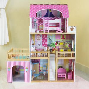 2023 Wholesale Factory Supply DIY Pink OEM Big Wooden Kids Toys Doll House Door Kits Mini Miniature Furniture for Girls