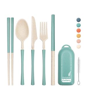 Camping Travel Reusable Flatware Fork Knife Tube Chopsticks Spoon Tableware Portable Wheat Straw Cutlery Set With Case