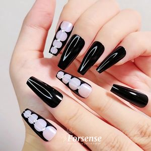 custom logo 3d rhinestone black short french tip press on nails de luxe luxury false nail in bulk stick on fake nails 24 pcs