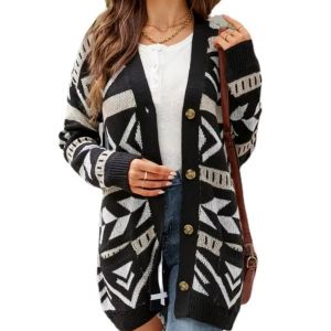 European American Retro Jacquard Mid-Length Sweater Coat for Women Elegant V-Neck Fashion Knitted Cardigan for Winter Front Logo