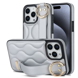 For iPhone 16 Leather Case With Wristband, Luxury Women Wavy Texture Ring Stand Mobile Phone Cover For iPhone 14 15 16 Pro Max