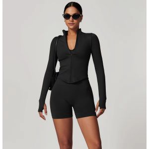 Wholesale Fitness 5 Piece Women Gym Yoga Wear Set Workout Seamless Long Sleeve Sports Suit Hoodie Yoga Set
