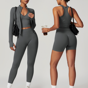 Custom Halter neck Vest Seamless Zipper Jacket Gym Yoga 5 pieces Set Clothing Streamline Fitness Sportswear Womens Sets