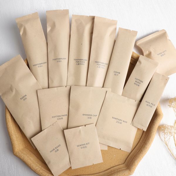 Custom Logo Eco Friendly Biodegradable Craft Paper Packed Hotel Resort Dry Amenities with Shaving Dental Vanity Sewing Kit comb