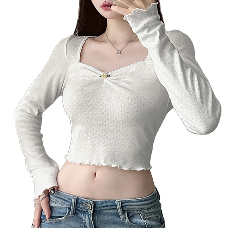 Yiwu Xiaoru Clothing Factory European and American sweet girl pleated design top slim fit sexy cut men's short long sleeved T-shirt for women