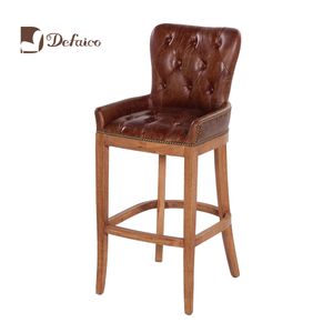 Retro Style Genuine Leather High Antique Solid Wood Bar Chair Stool