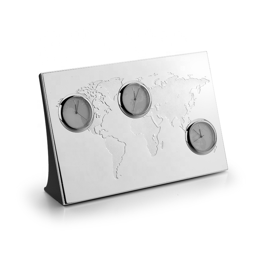 Shenzhen Sailikang Industrial Co., Ltd. High on Demand 3 Time Zone Clock Metal Table Clock Silver Finish World Map Desktop Clock For Home Office Anniversary Home Decor