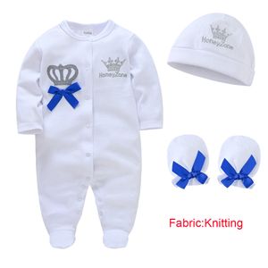 Unisex Baby Clothes Set 3 Pcs/lot Romper+Hat+Mittens Crown Design Cotton Long Sleeve Clothing