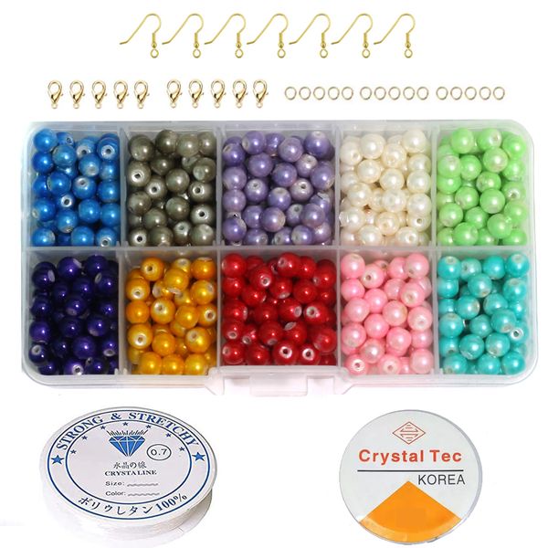 500 Pcs, 6mm Marble Finish Glass Beads With Metal Findings, Elastic And Nylon Thread For Jewellery Making DIY Kit