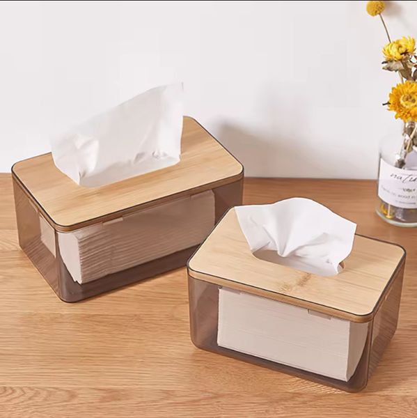 Plastic Tissue Box Organizer With Bamboo Cover Napkin Dispenser For Kitchen Bathroom Bedroom Living Room