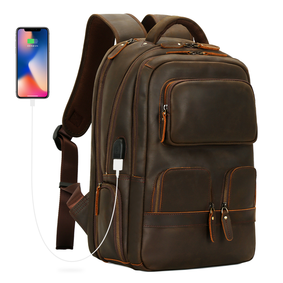 Custom High Quality USB Cowhide Business Outdoor Waterproof Travel Vintage Laptop Genuine Crazy Horse Leather Backpack For Men