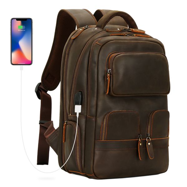 Custom High Quality USB Cowhide Business Outdoor Waterproof Travel Vintage Laptop Genuine Crazy Horse Leather Backpack For Men