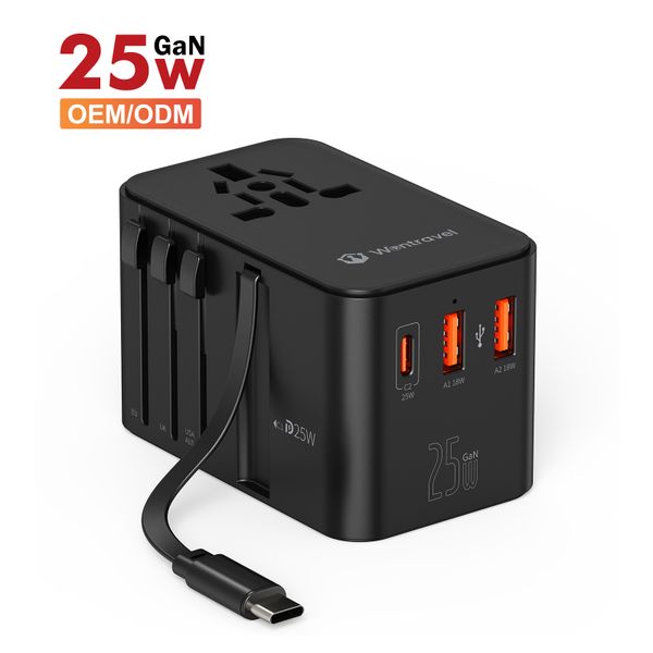 Wontravel PD 25W Fast Universal Travel Power Adapter PPS GaN Worldwide International Plug Travel Adapter with Retractable Cable