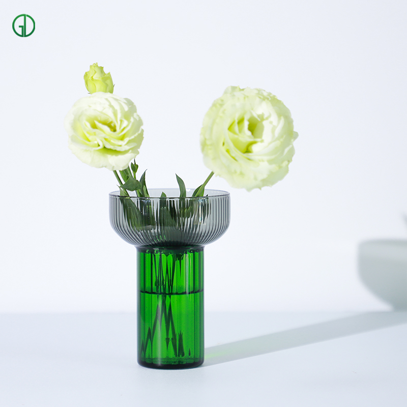 Huailai Golden Glass Co., Ltd. Hot Sell Glass Cylinder Vase Stripe Glass Vase Green Transparent Black Glass Vase For Home Decoration