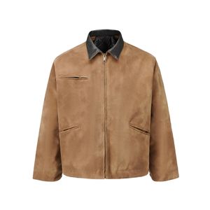 Lapel washed casual faux deer skin jacket Vintage wash faux suede leather jacket Casual work driver trucker jacket