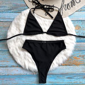 Custom tan through Bikinis Texture Two Piece Swimsuit Sexy Women Fitness Swimwear Halter String Bikini Set