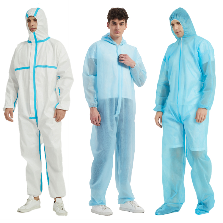 Quality goods non woven disposable medical protective clothing pp suit disposable coverall hooded blue thread waterproof