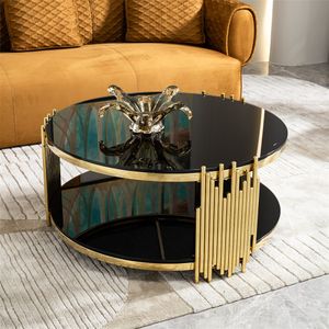 Modern luxury golden 2 layer black tempered glass top round coffee table