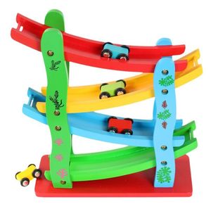 Wooden Race Track Car Ramp Racer Toy Montessori Toddler 4 Level Toy with 4 Mini Car Preschool Learning Toys