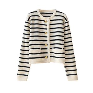 Spring Autumn European Loose Short Sweater Jacket Striped Round Neck Small Fragrant Knitted Cardigan Women Knit