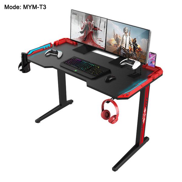 Gaming Desk T- Shaped Carbon Fiber Surface Computer Desk Ergonomic E-Sport Style Gamer Desk with Double Headphone Hook