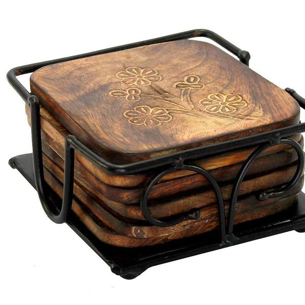 Hot selling home and kitchen table coasters accessories drinking coasters with wooden and metal coaster stand