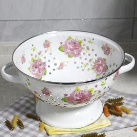 WUJO Vintage Look Enamelware Vented Bread Bowl Plate Enamel Fruit Basket for Kitchen
