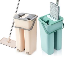 Hand Free Washing Floor Mop Bucket Set With Microfiber Mop Pads Flat Squeeze Magic Mop and Bucket Wringer Home Cleaning Tool