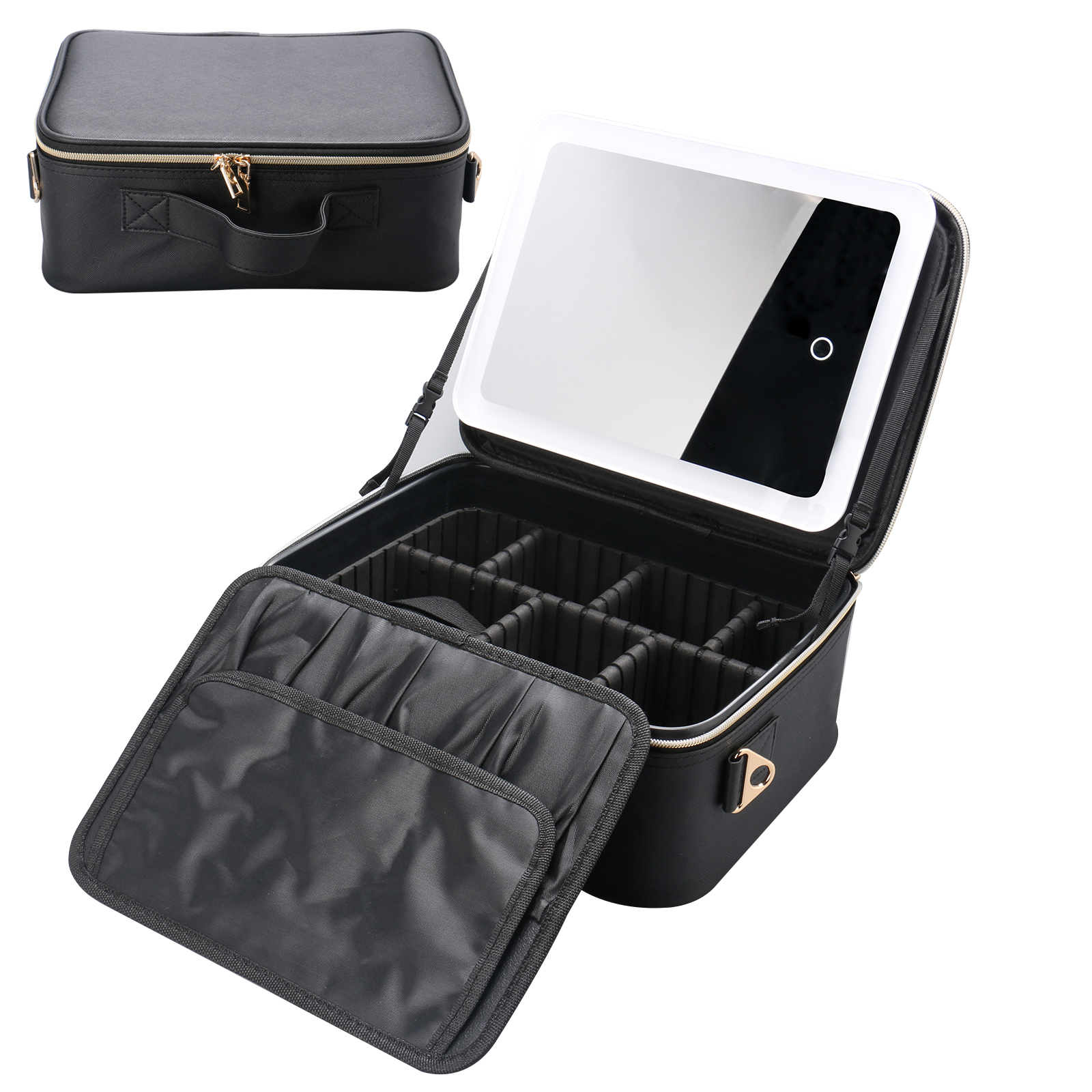 Rechargeable Led Light Mirror Cosmetic Storage Case Black Luxury PU Large Capacity Portable Travel Makeup Bag