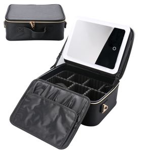 Rechargeable Led Light Mirror Cosmetic Storage Case Black Luxury PU Large Capacity Portable Travel Makeup Bag