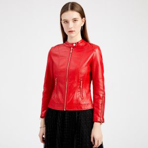Women's Navy Blue PU Leather Jacket New Fashion Winter Coat with Standing Collar Woven for Spring and Autumn