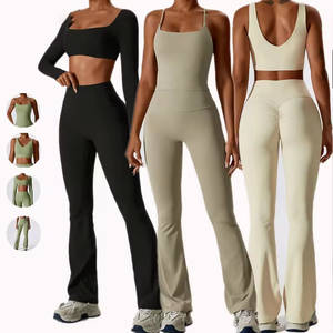 Wholesale Women Sports Gym Wear Workout Set Tights Crop Top 2 Pieces Seamless Long Sleeve Fitness Yoga Set