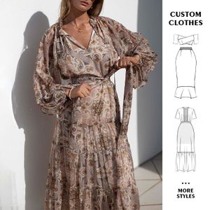 Retro Print Patchwork Pullover Dress Women Deep V Neck Bodycon Party Dress customized Drawstring Office Lady Boho casual Dress