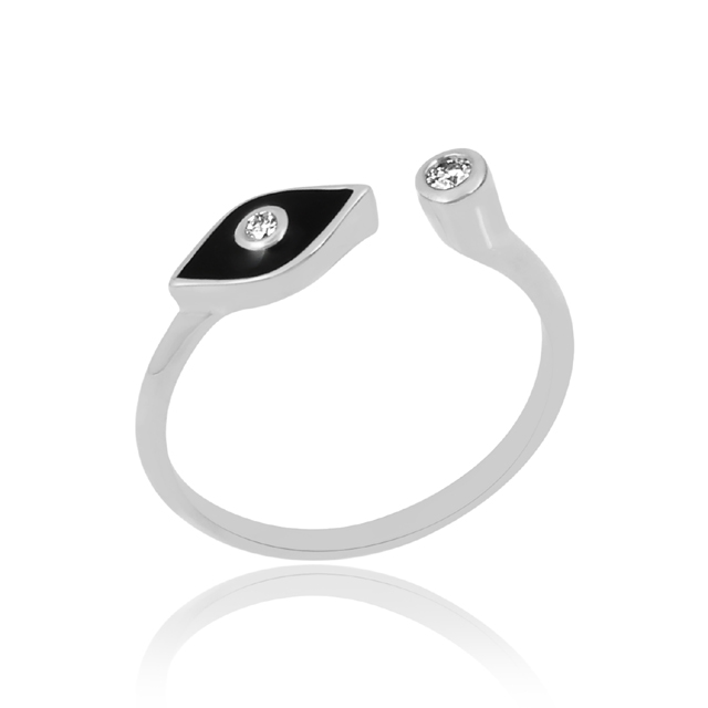 New fashion fine jewelry custom black enamel adjustable ring 925 sterling silver zircon evil eye gemstone ring jewelry