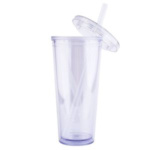 Reusable Clear Water Bottle Transparent Fruit Tumbler Mug Double Wall Drink Plastic Cups With Lids and Straws